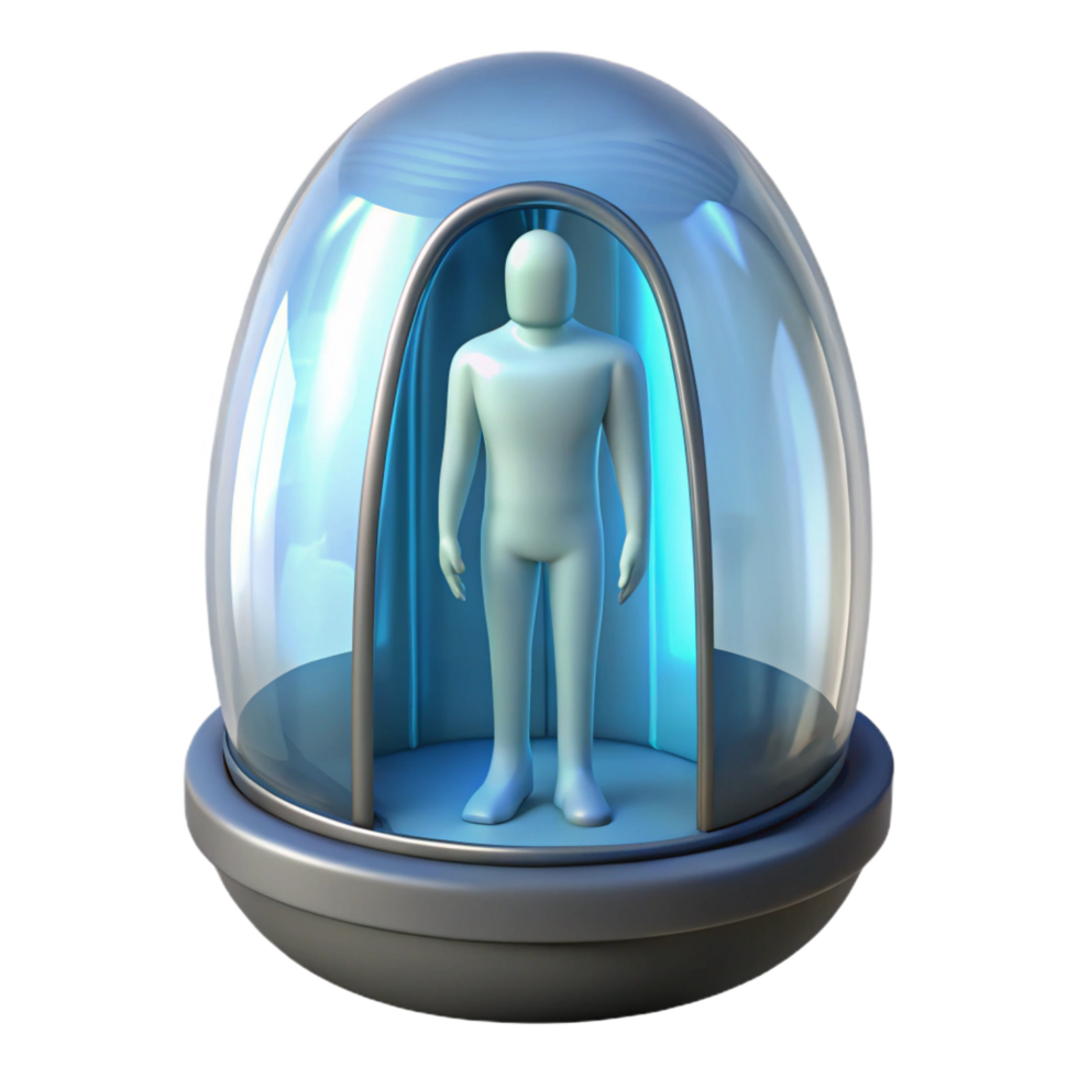 extraordinary ethereal baroque Cryogenic pod, human silhouette inside, frosted glass with Transparent Background perfect clarity png