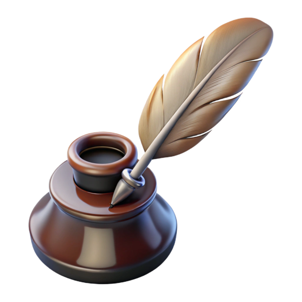 mesmerizing rare Professional render, hyper-specific, isolated cutout of a vintage quill pen and inkwell with Transparent Background png