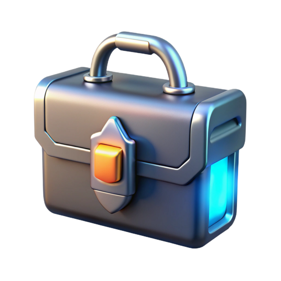 exquisite baroque Concept art style, isolated cutout of a sleek, chrome retro-futuristic briefcase with illuminated digital lock and retractable handle with Transparent Background refined png