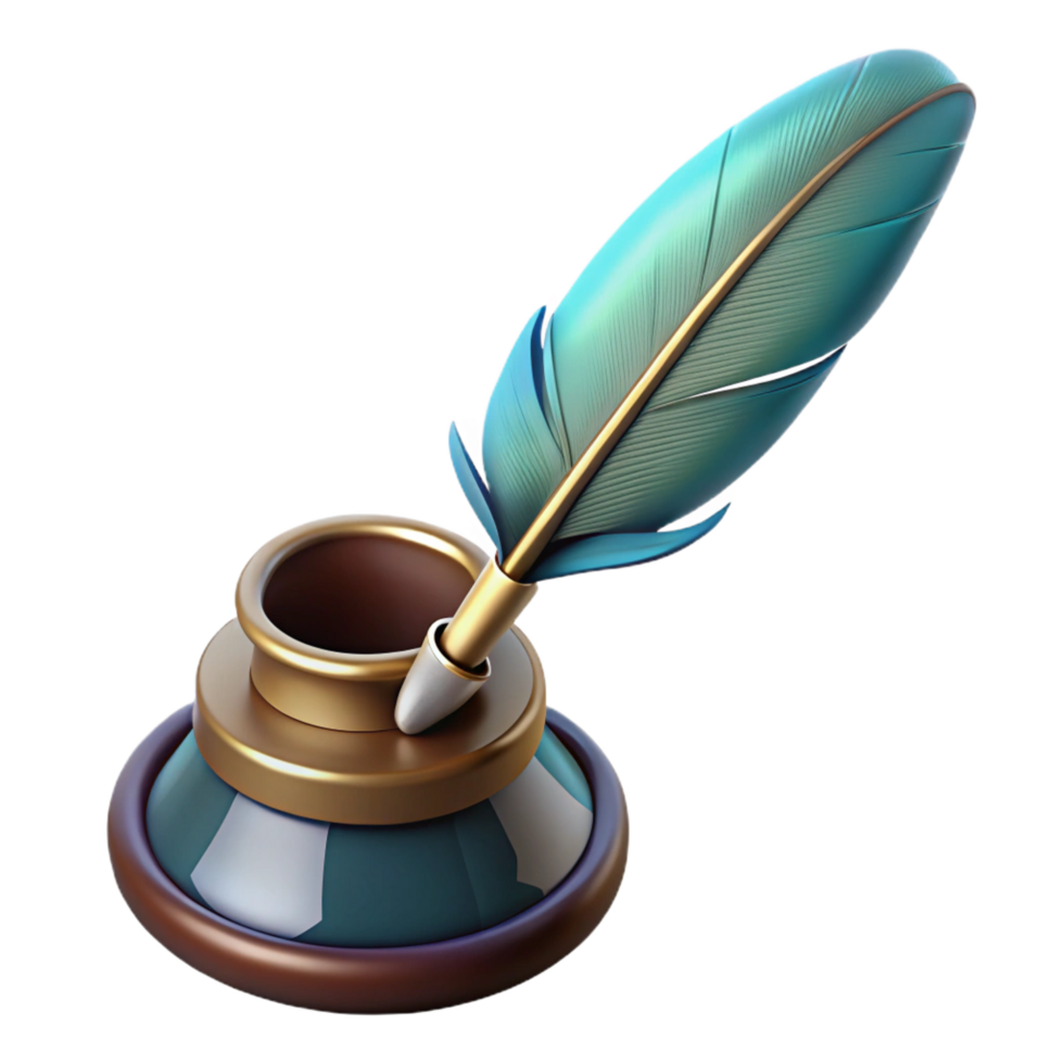 immaculate standout Concept art style, hyper-specific professional render of a vintage feather pen and inkwell with Transparent Background png