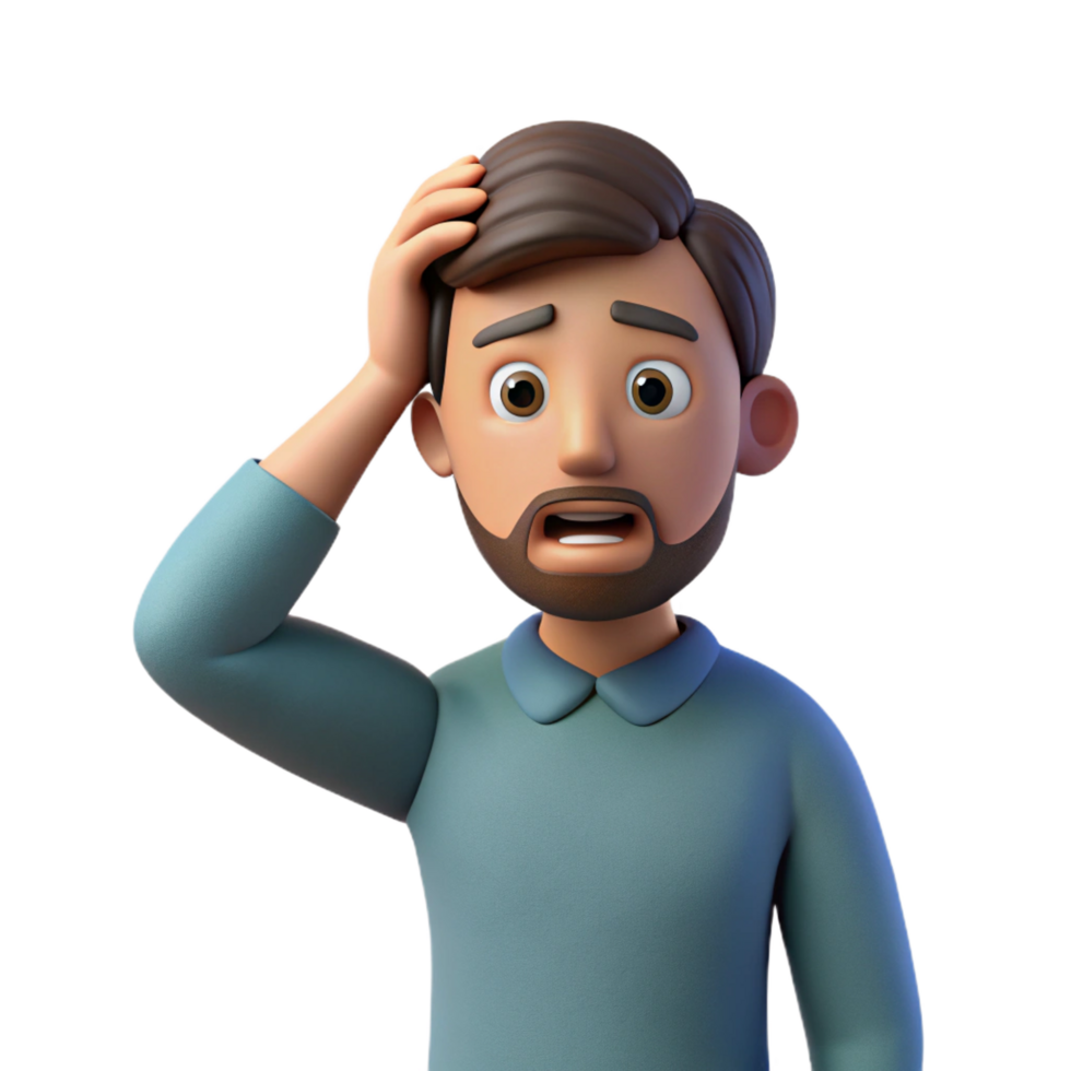 calm serene Confused man, scratching head, furrowed brow, with Transparent Background studio quality png