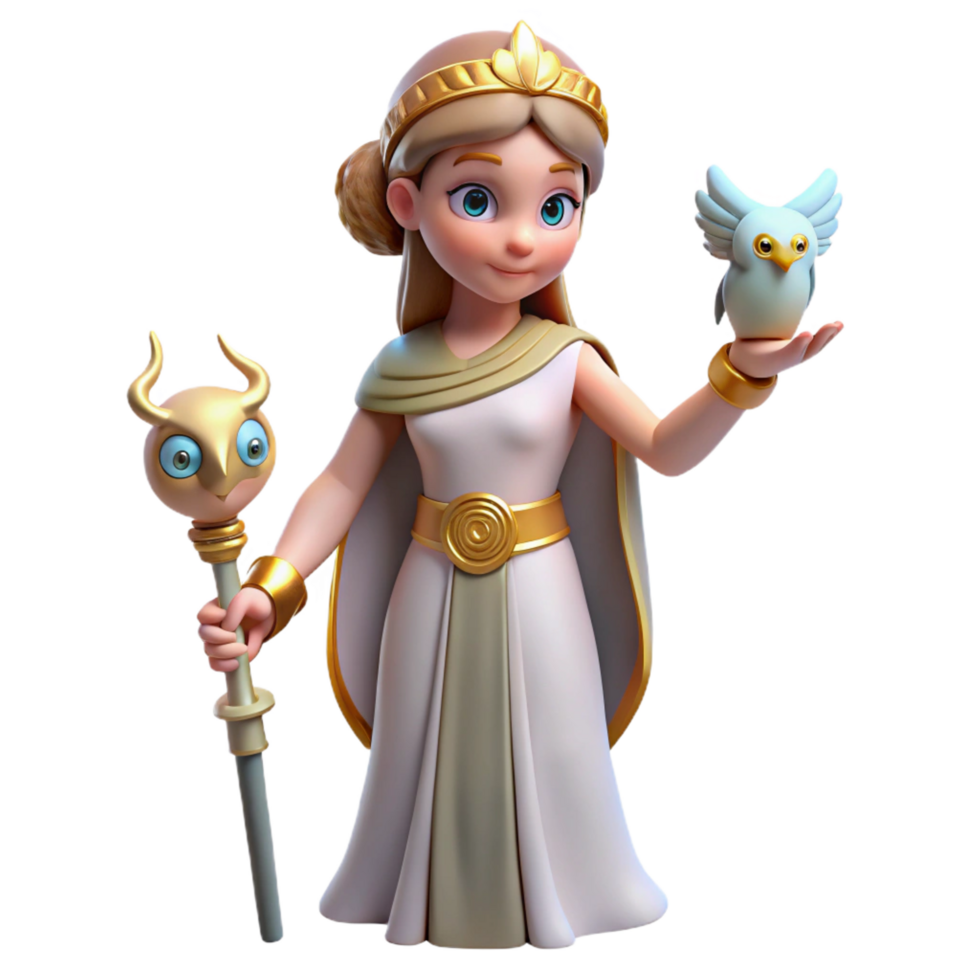 iconic victorian Athena, Goddess of Wisdom, holding owl, with Transparent Background high quality png