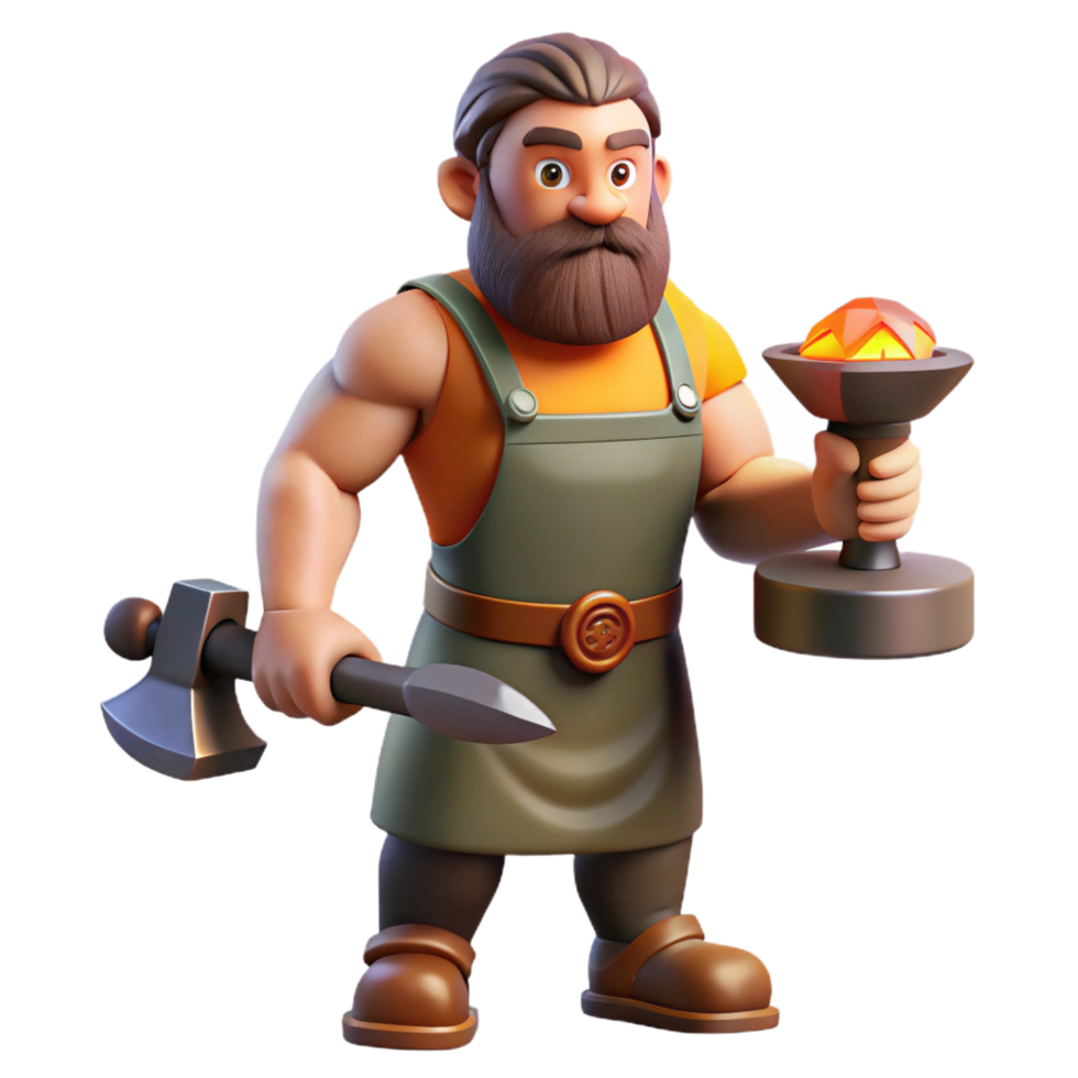 striking distinguished Hephaestus, God of the Forge, holding hammer and anvil with Transparent Background png