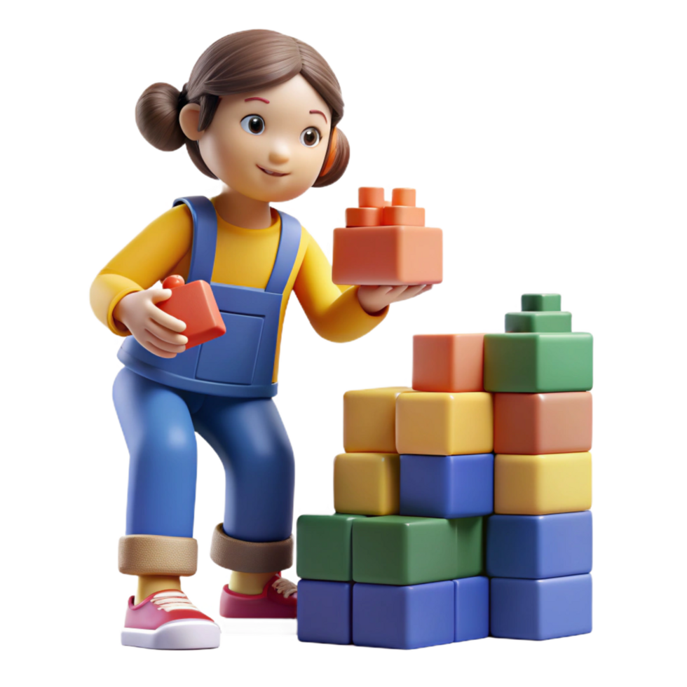 majestic unparalleled Young girl playing with building blocks, with Transparent Background png