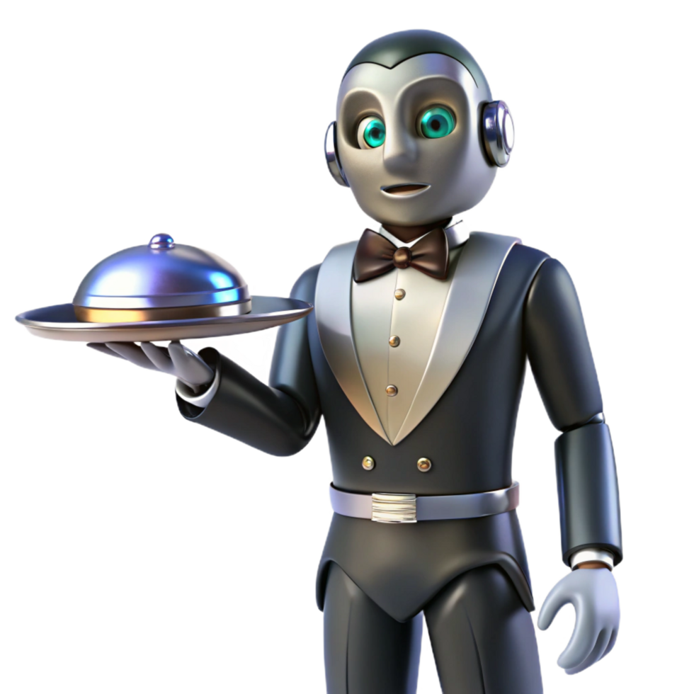 inspired retro Ultra-detailed, concept art style illustration of a levitating art deco-inspired robotic butler holding a silver tray, isolated cutout with Transparent Background detailed png