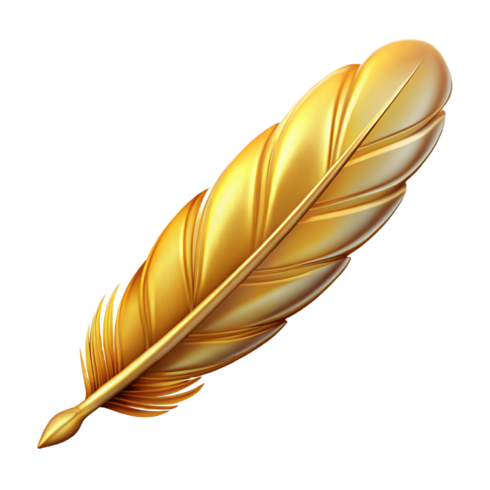 melancholic gorgeous Concept art style, isolated cutout of a single Griffin feather, golden and shimmering with Transparent Background 8K png