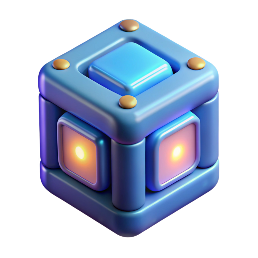 joyful spectacular Photorealistic, professional render, isolated cutout of a single data storage cube with pulsating lights, hyper-specific, ultra-detailed with Transparent Background genuine png