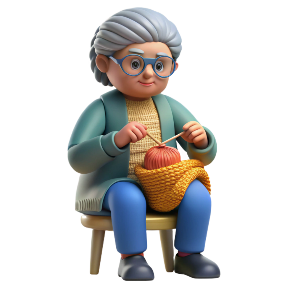 striking iconic Senior woman knitting with Transparent Background png