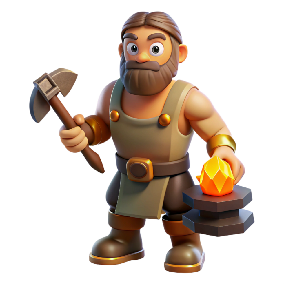 nostalgic glorious Hephaestus, God of the Forge, holding hammer and anvil with Transparent Background museum quality png