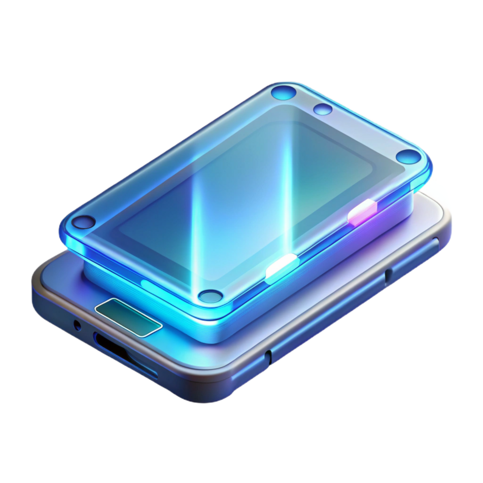 magnificent vintage Concept art style, isolated cutout of a single futuristic transparent smartphone displaying a holographic interface, ultra-detailed with Transparent Background exclusive png