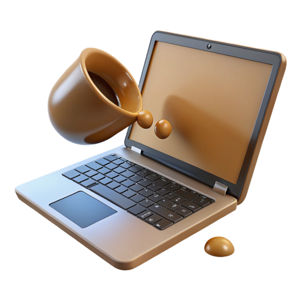 fascinating iconic Laptop with spilled coffee on keyboard with Transparent Background png