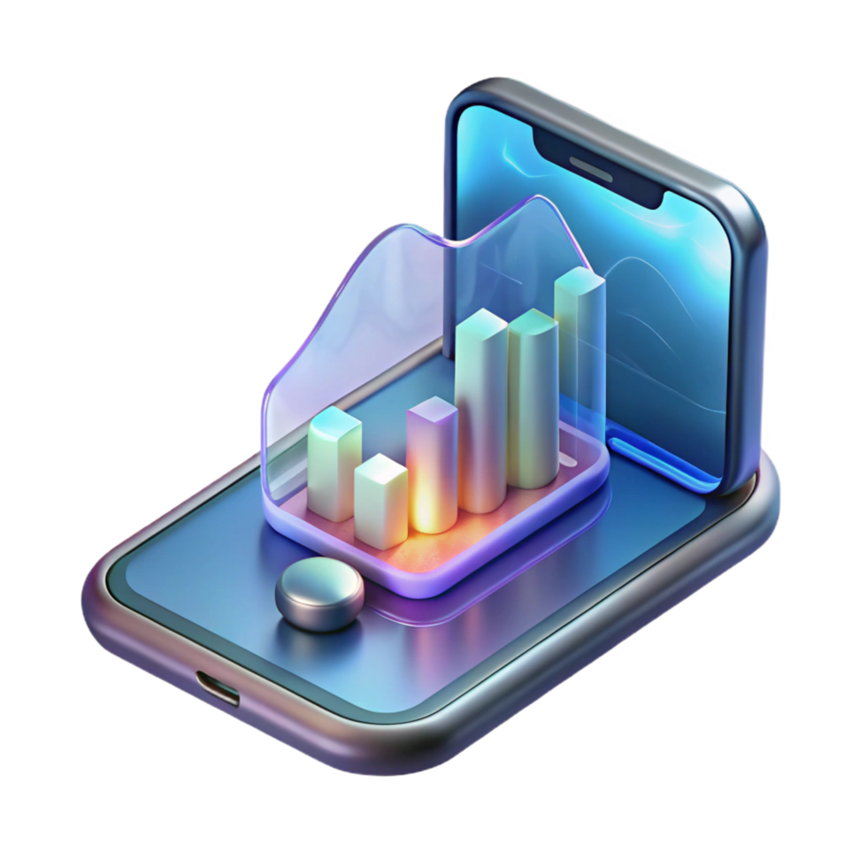 dramatic elegant Concept art style, isolated cutout of a transparent, holographic smartphone displaying a stock market graph, ultra-detailed with Transparent Background genuine png