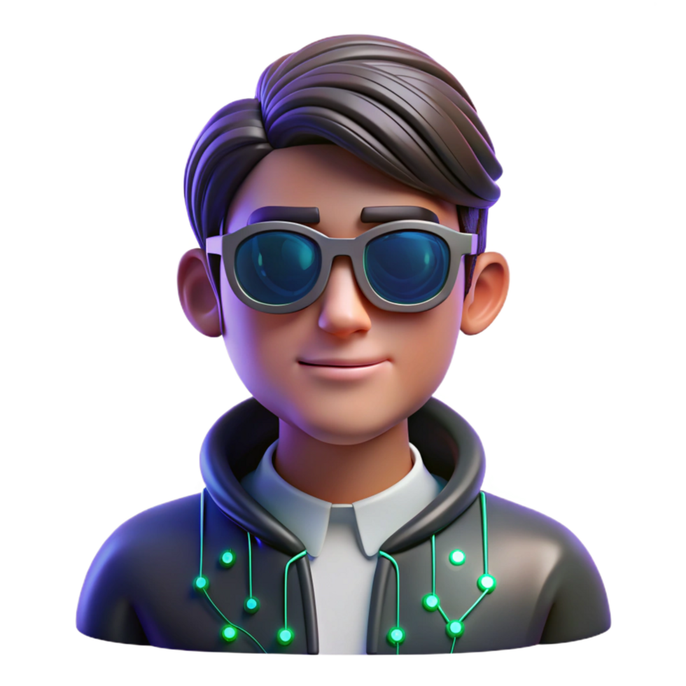 magnificent bohemian Cyberpunk character portrait with mirrored sunglasses and data streams with Transparent Background 8K png