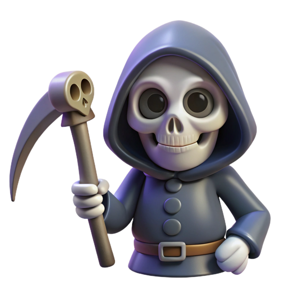 intense beautiful A spooky skeleton, holding a scythe with Transparent Background perfect clarity png