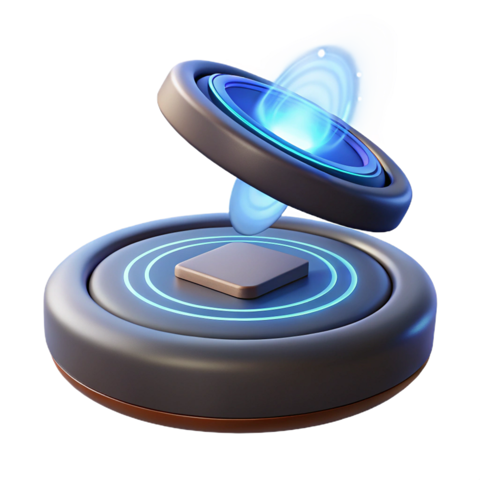 immaculate distinguished Hyper-specific concept art style render of a levitating wireless charging pad, powered by visible energy streams, isolated cutout with Transparent Background png