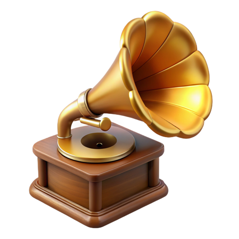 unforgettable surreal Concept art style, isolated cutout of a vintage gramophone with a brass horn with Transparent Background masterfully captured png