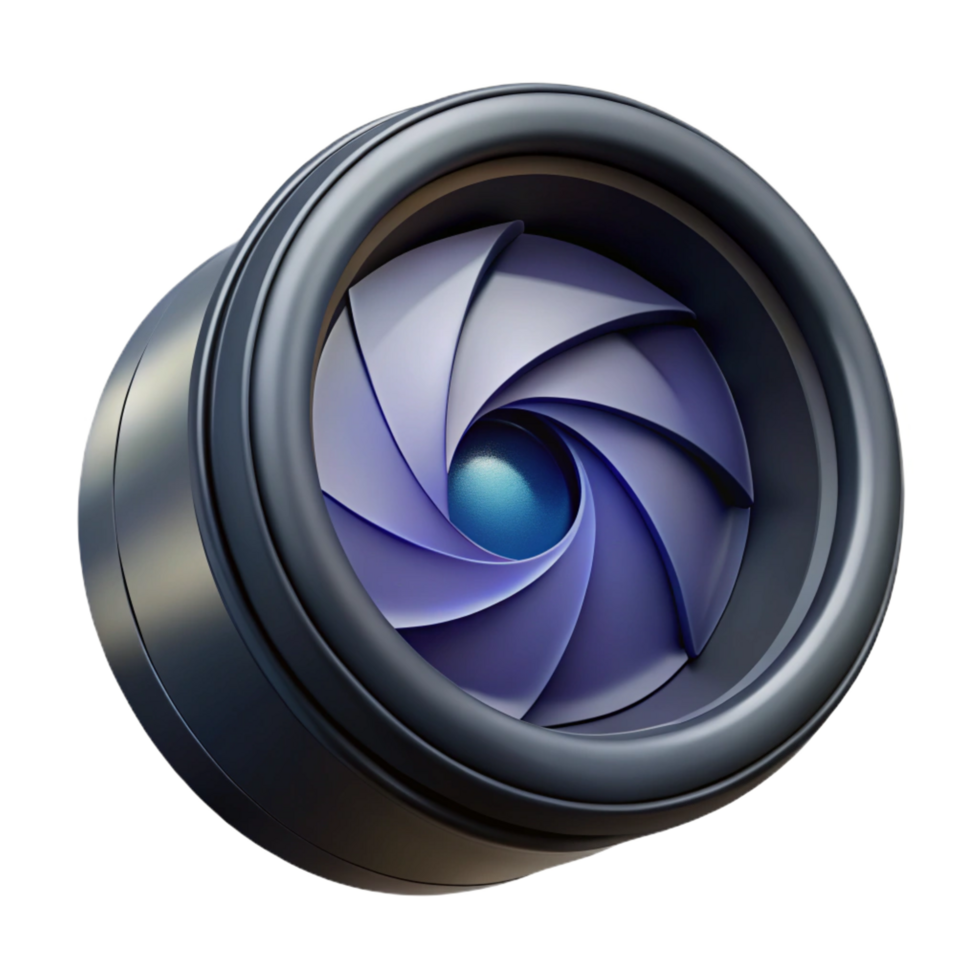 radiant timeless Photorealistic, isolated cutout of a single DSLR camera lens, hyper-specific aperture blades, ultra-detailed with Transparent Background png
