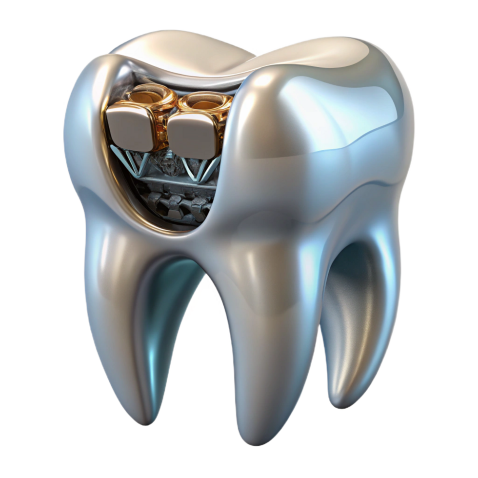 reflective wonderful Professional render of a biomechanical tooth, metallic enamel, exposed root system, internal circuitry, isolated cutout with Transparent Background gallery standard png