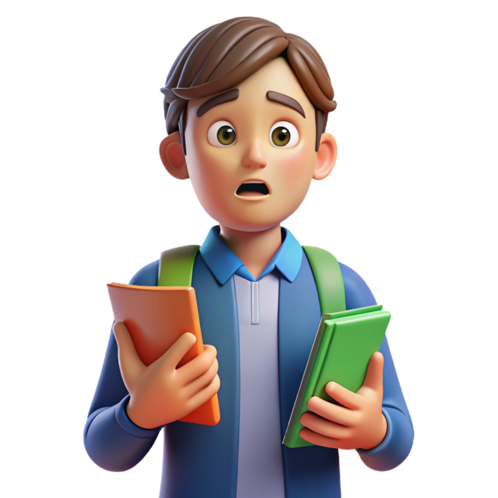 stunning acclaimed Confused student, holding books, questioning expression, with Transparent Background png