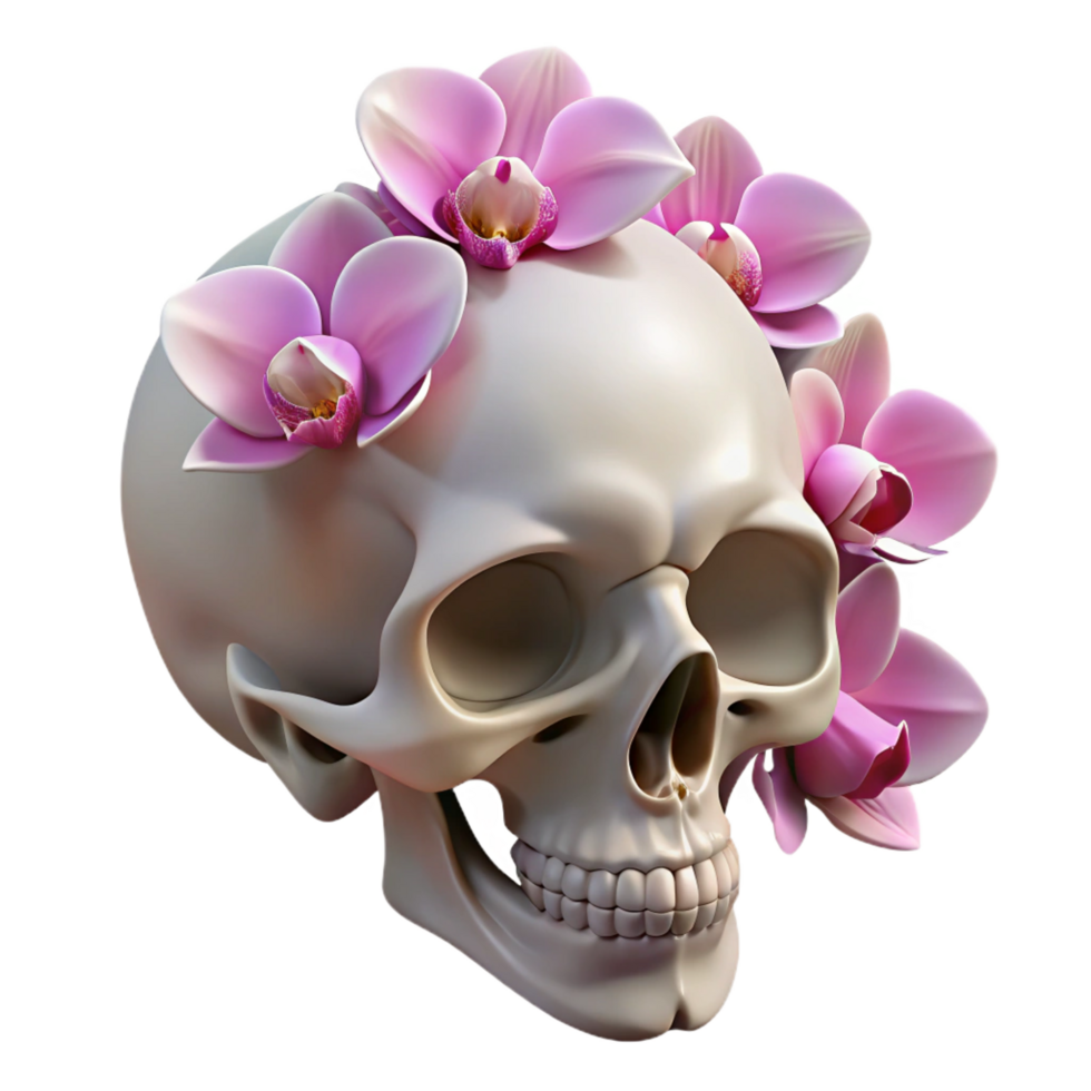 captivating intense vintage Photorealistic, professional render of a human skull adorned with blooming orchids with Transparent Background handcrafted png