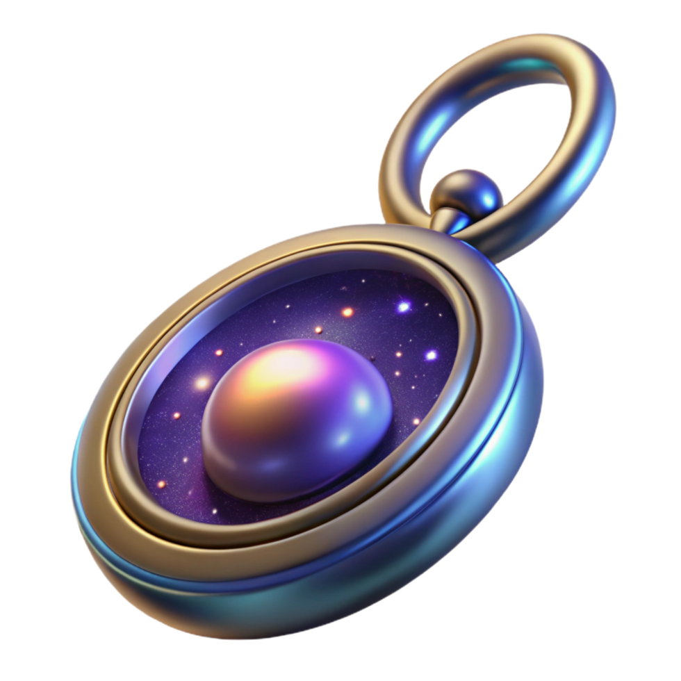mesmerizing calm futuristic Photorealistic ultra-detailed professional render, isolated cutout, single celestial locket containing a miniature galaxy with Transparent Background 8K png