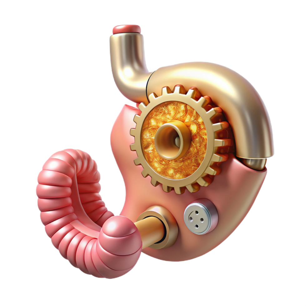 hypnotic melancholic contemporary Hyper-specific photorealistic biomechanical stomach, digestive system exposed, churning gears, brass and gold, isolated cutout with Transparent Background handcrafted png
