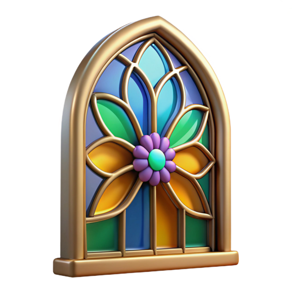 joyful extraordinary Hyper-specific, professional render of a single, stained glass window pane with a floral design with Transparent Background 8K png