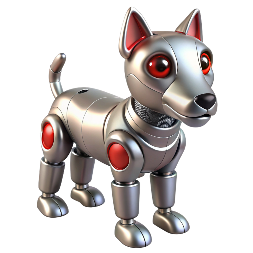 spectacular geometric Hyper-specific concept art style render Isolated cutout of a silver robotic dog with glowing red eyes and articulated joints with Transparent Background original png