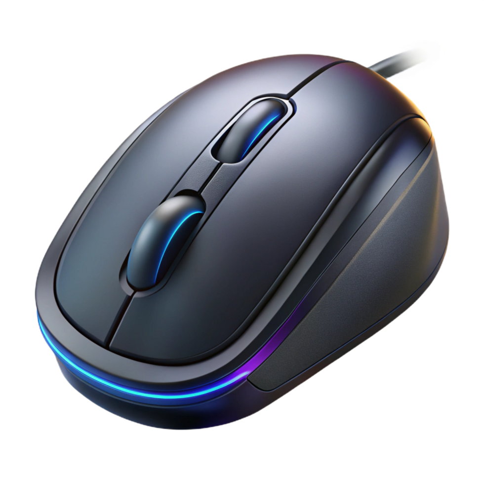memorable impressionist Photorealistic, ultra-detailed, isolated cutout of a single matte black gaming mouse with RGB lighting, hyper-specific scroll wheel texture with Transparent Background elite png