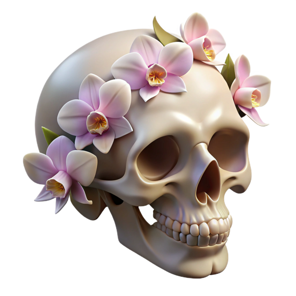 sumptuous inspired Photorealistic, professional render of a human skull adorned with blooming orchids with Transparent Background png