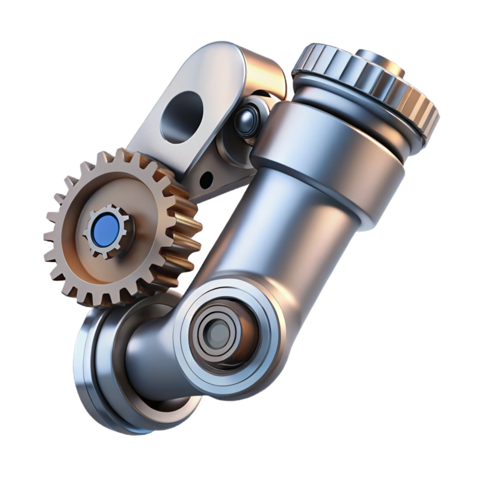 sought-after retro Ultra-detailed isolated cutout biomechanical elbow joint, hinge with gears, pistons, and wiring, polished chrome, with Transparent Background ultra HD png