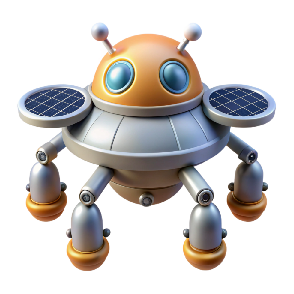 splendid energetic baroque Hyper-specific concept art style, isolated cutout, single stylized robotic space drone with retractable solar panels with Transparent Background impeccable png