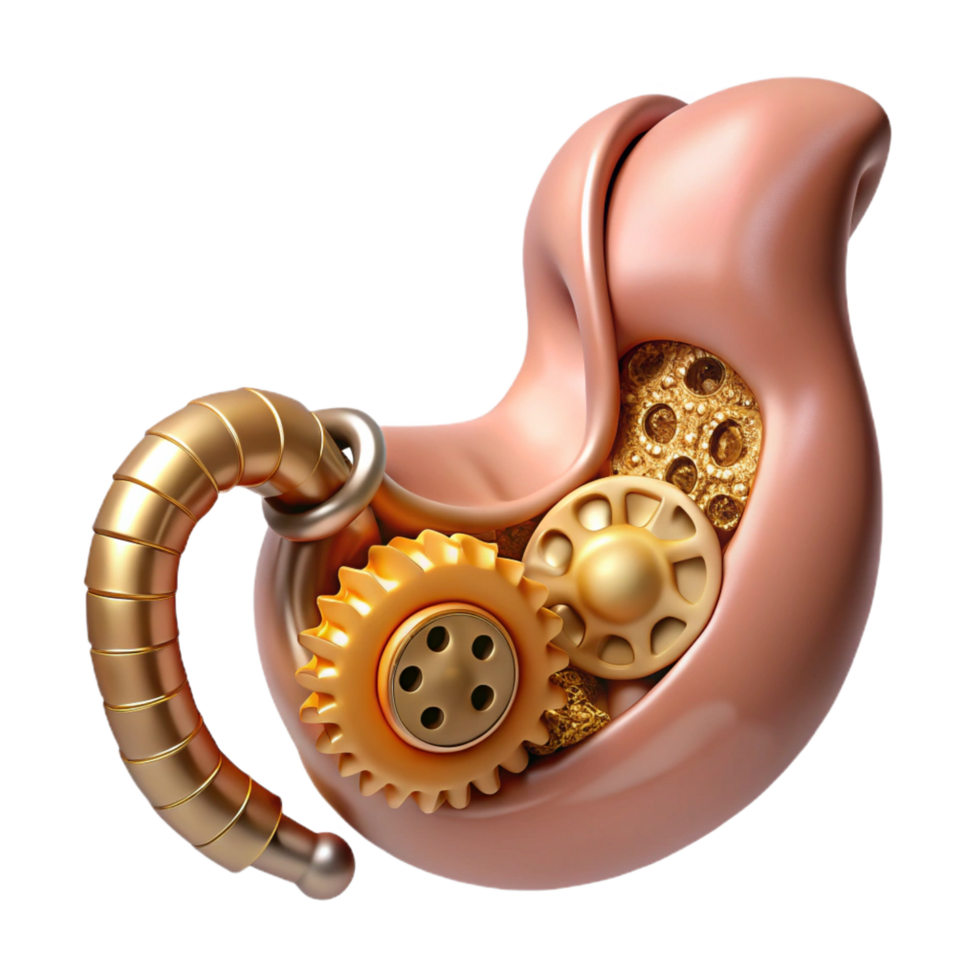 exceptional surreal Hyper-specific photorealistic biomechanical stomach, digestive system exposed, churning gears, brass and gold, isolated cutout with Transparent Background masterfully captured png