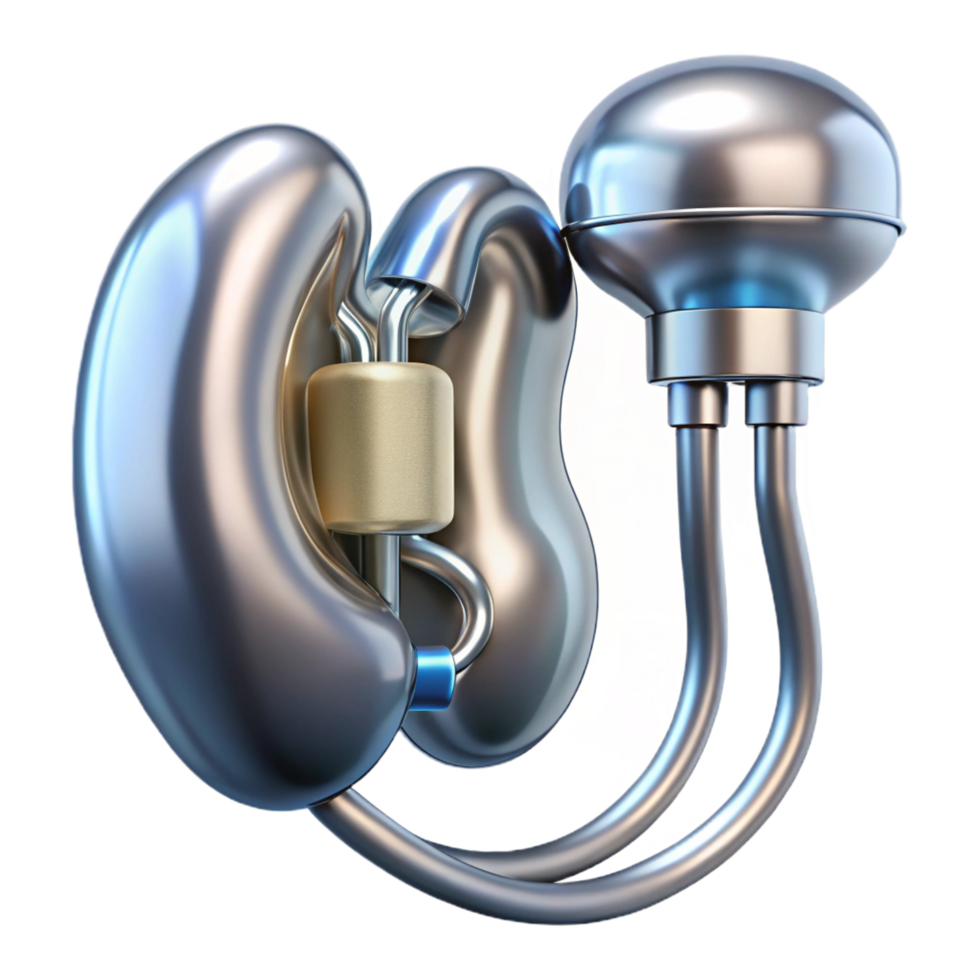 tranquil fascinating Hyper-specific photorealistic biomechanical kidney, filtration system exposed, glowing fluids, platinum and silver, isolated cutout with Transparent Background flawless png
