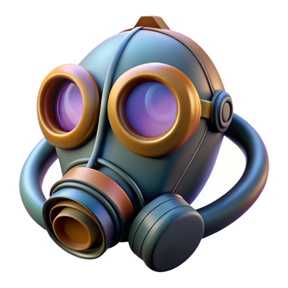 joyful elegant Ultra-detailed, photorealistic render Isolated cutout of a retro-futuristic gas mask with tinted lenses and a flexible hose with Transparent Background crisp png