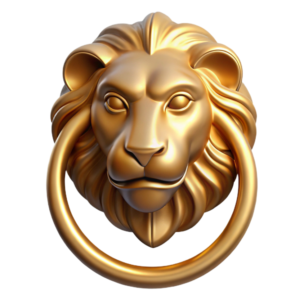 elegant joyful victorian Hyper-specific, professional render of a single, brass door knocker in the shape of a lion's head with Transparent Background authentic png