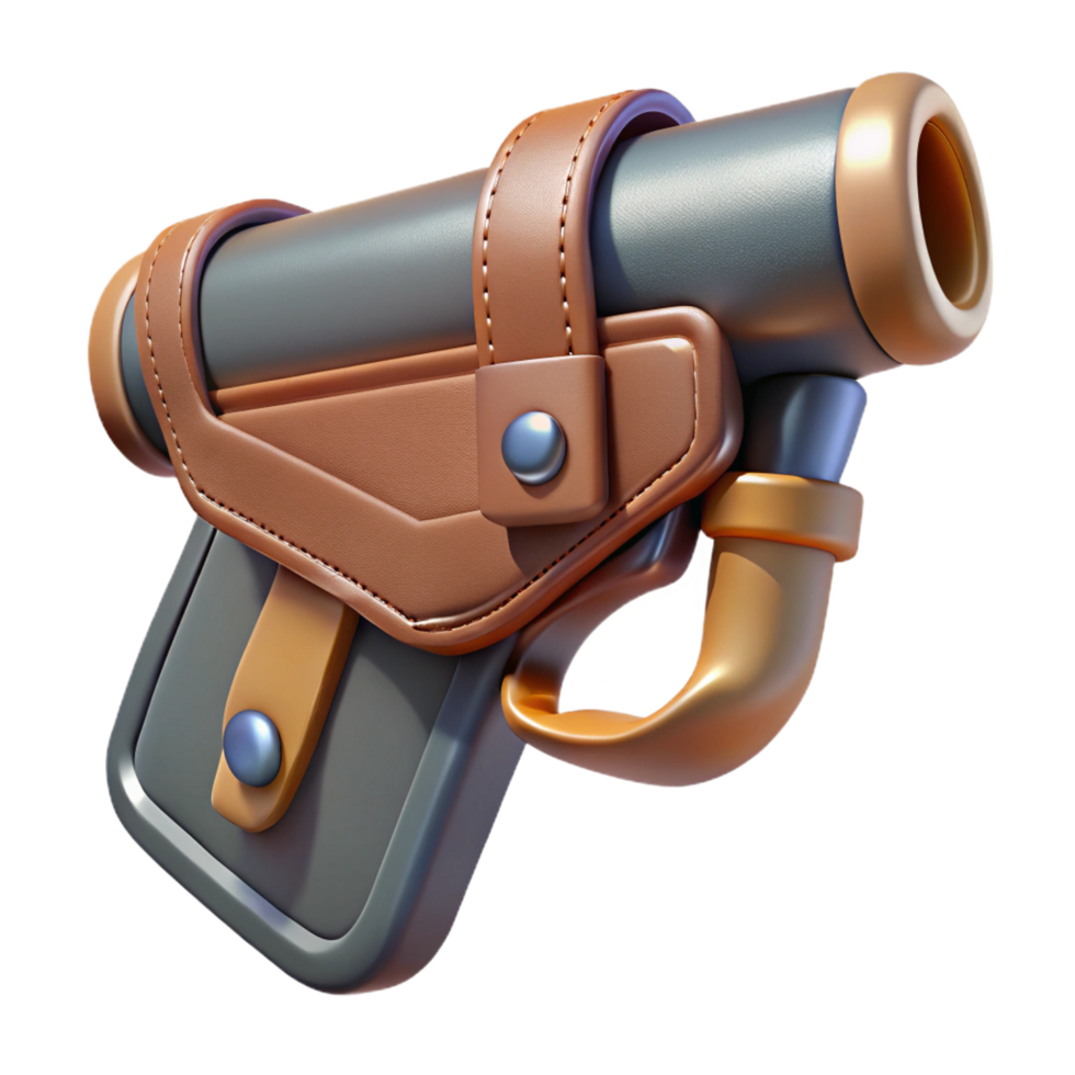 splendid bold classic Hyper-specific, concept art style render Isolated cutout of a ray gun holster made of leather and chrome with Transparent Background studio quality png