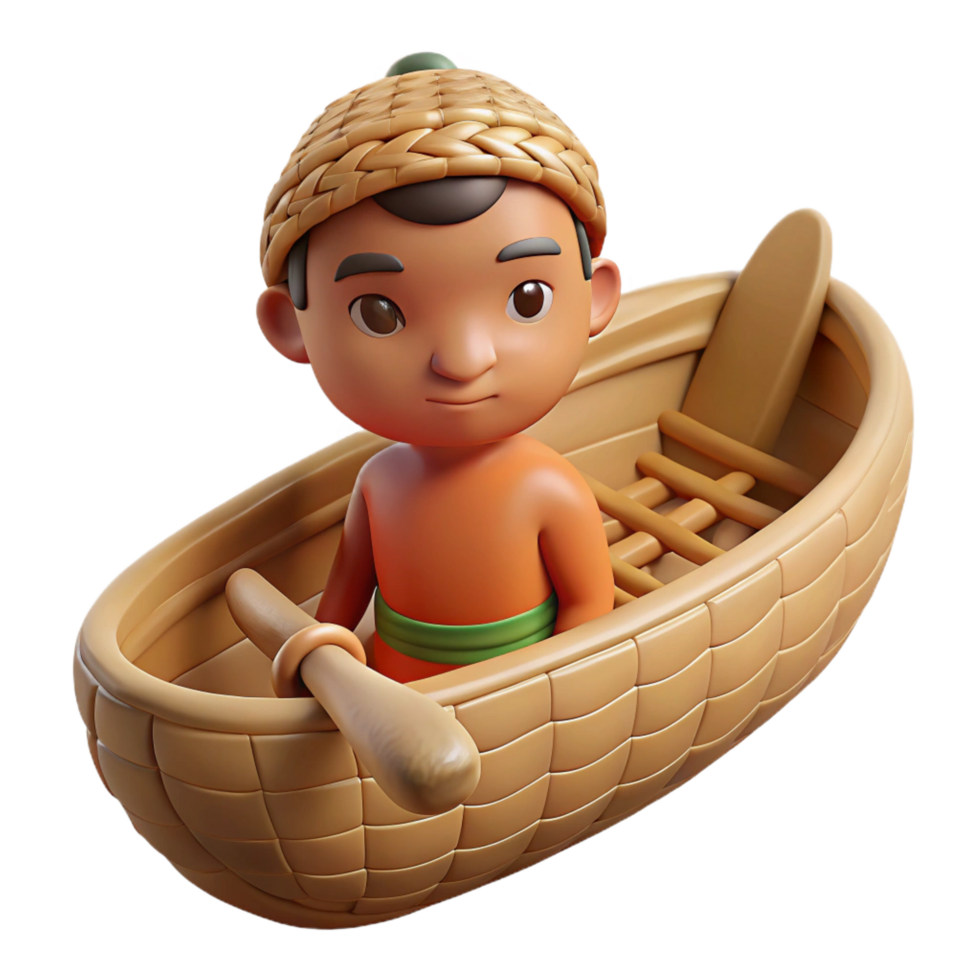 immaculate mysterious retro Concept art style isolated cutout professional render of a tribal child's miniature woven canoe with Transparent Background 4K png
