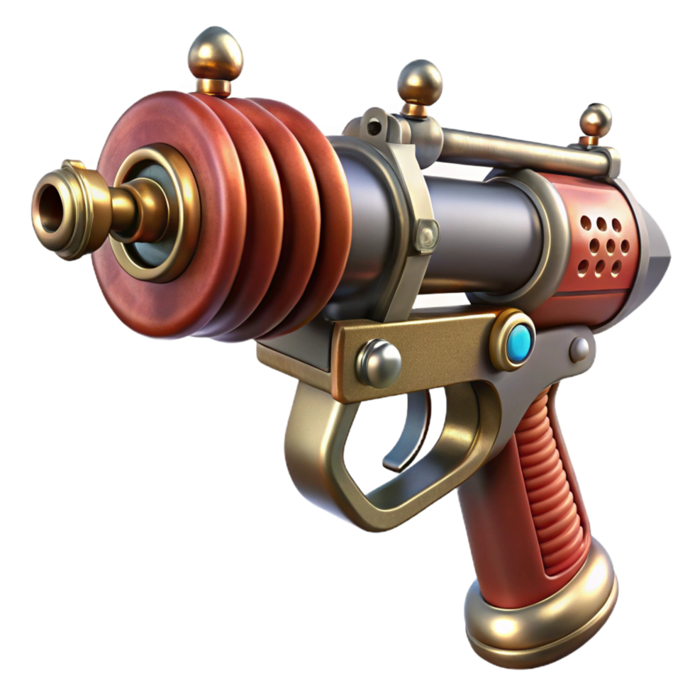 timeless rustic Steampunk ray gun with copper coils and a wooden handle with Transparent Background museum quality png