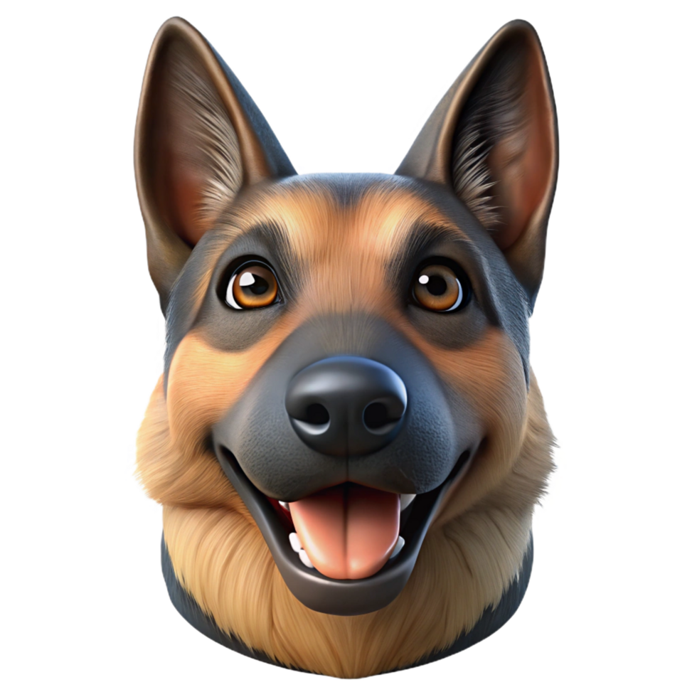 playful fascinating Professional render, ultra-detailed, hyper-specific image of a single German Shepherd dog head, alert expression, isolated cutout, with Transparent Background refined png