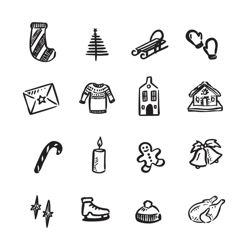 A selection of 16 simple Christmas illustration vectors in black and white. Including a stocking, Christmas tree, sledge, mittens, envelope, jumper, house, gingerbread house, candy cane and more.