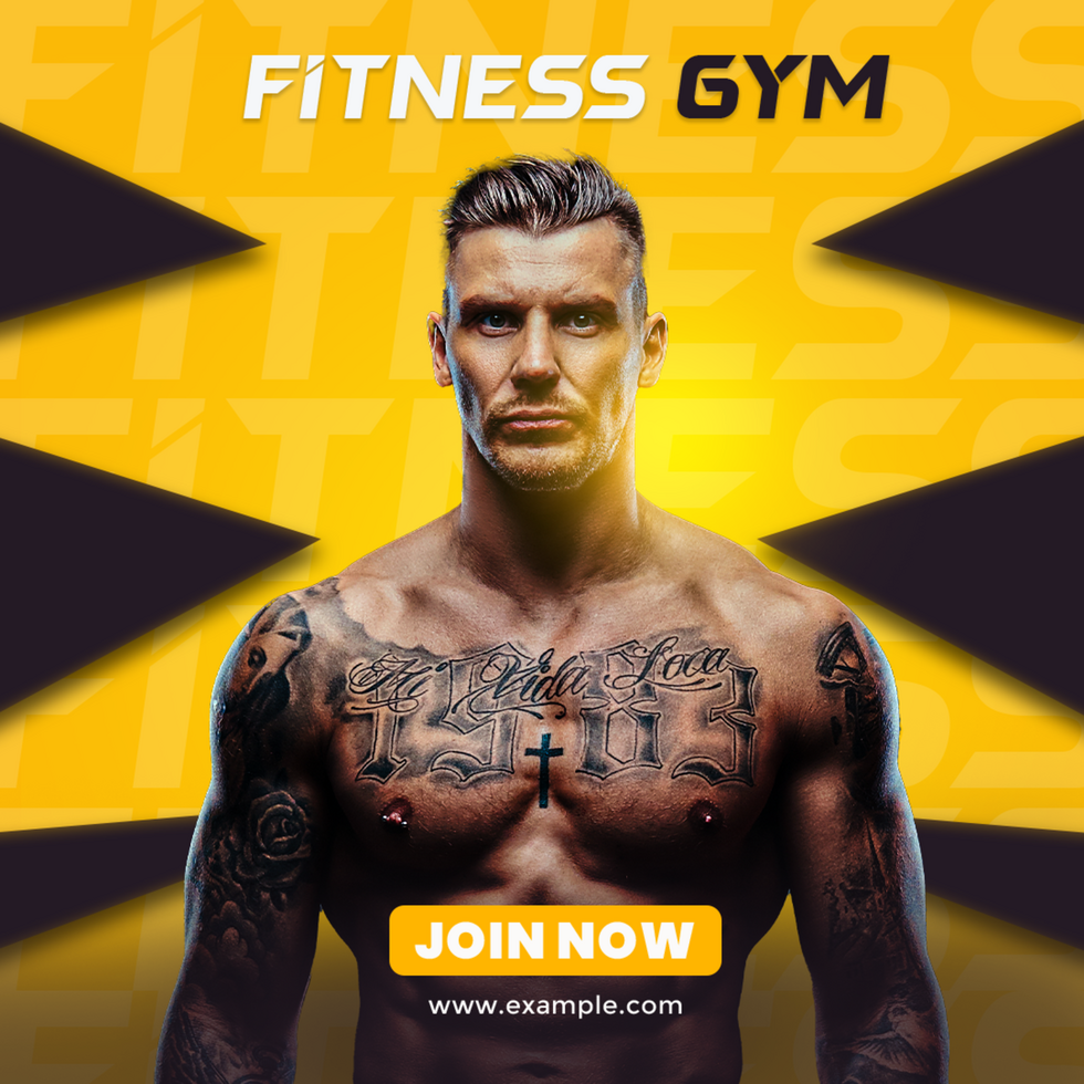 A man with tattoos on his chest is standing in front of a yellow background with the words fitness psd