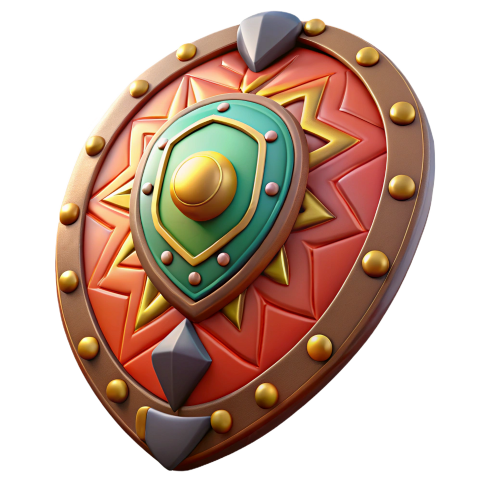 exquisite rustic Hyper-specific isolated cutout of a tribal warrior's leather shield painted with vibrant tribal symbols, photorealistic render with Transparent Background museum quality png