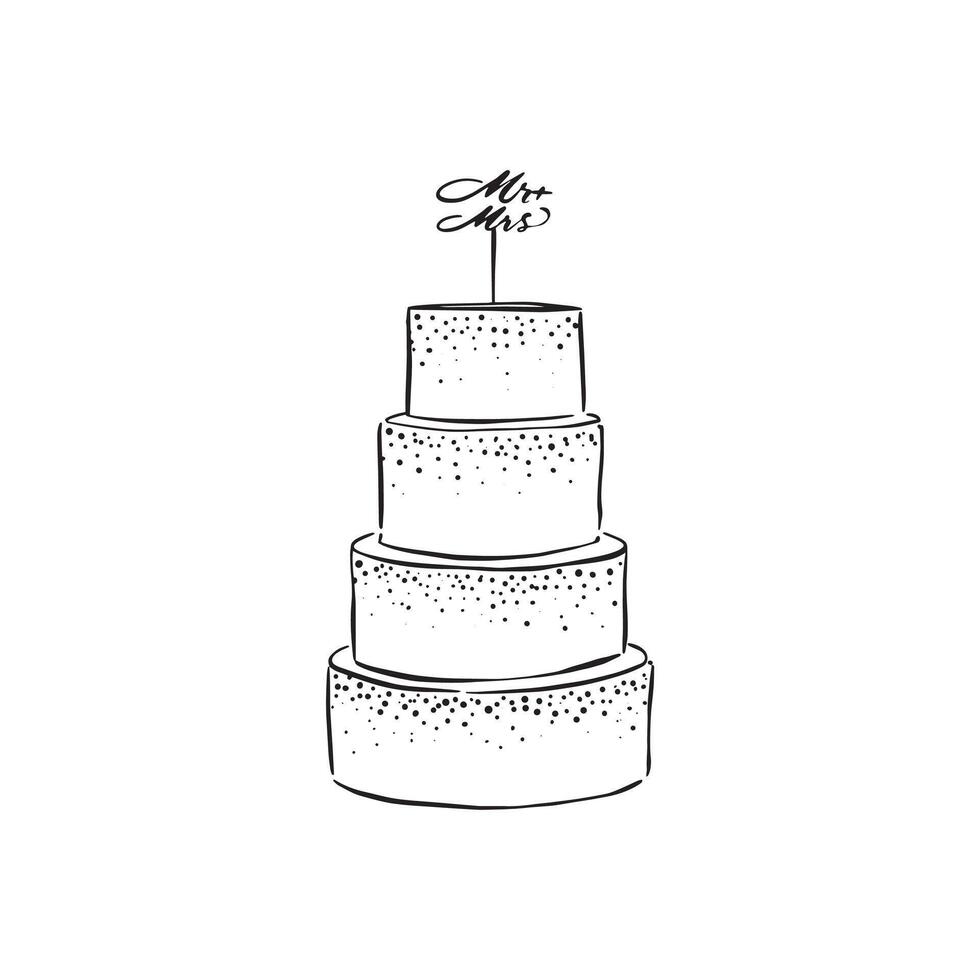 A four tier wedding cake with snow elements and topped with 'Mr and Mrs', baked and finished with fondant icing. Drawn by hand in black and white line. . Cook, chef, pastry chef. vector