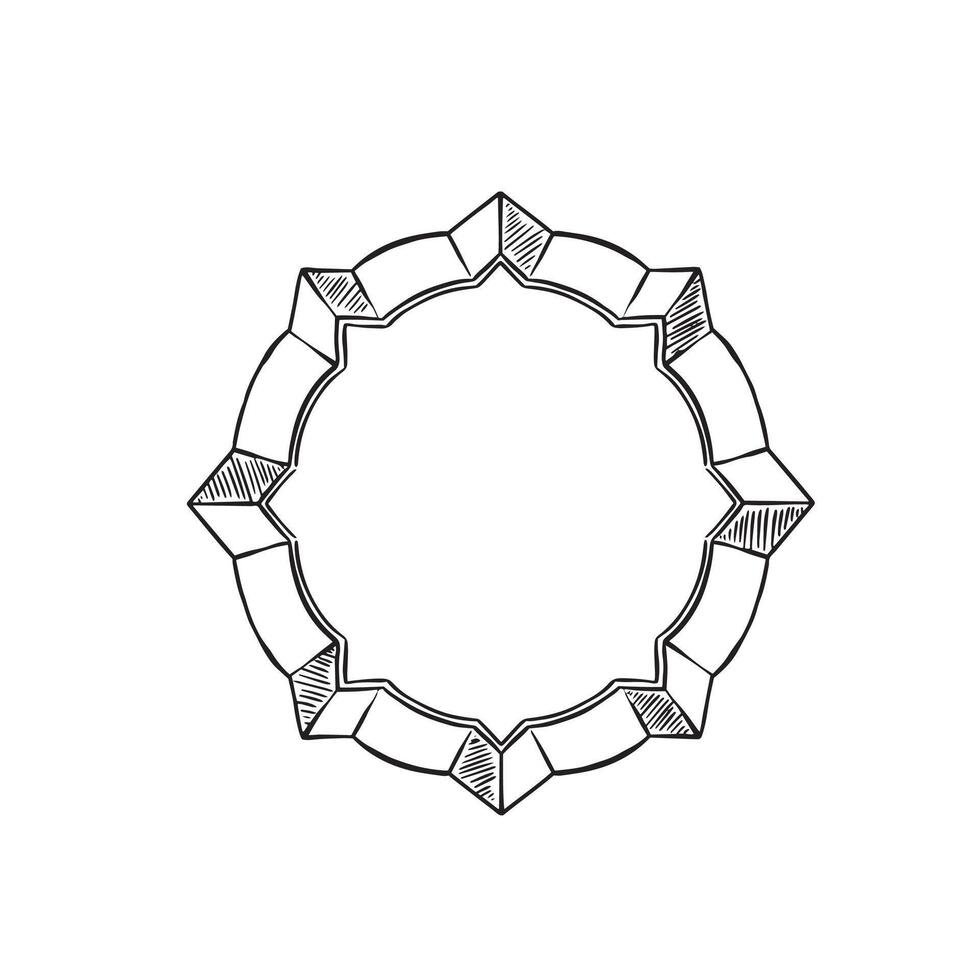 A decorative circular frame with glass border and pointed sides. Drawn by hand in a border style perfect for monograms or logo design. vector