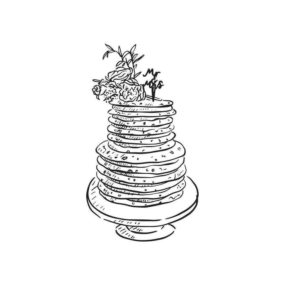 A stacked cookie cake separated with icing. Chocolate chip alternative wedding cake with florals on the top. Drawn by hand as a . Black and white line drawing. vector