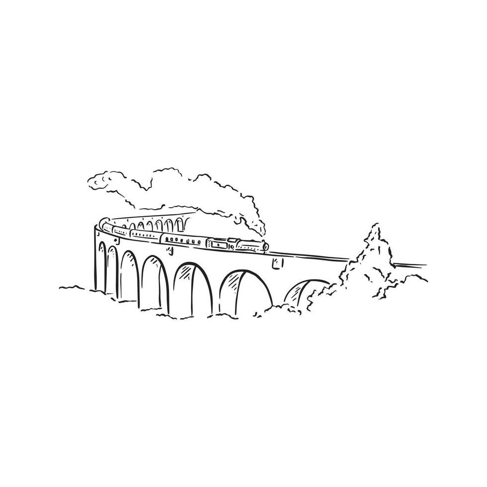 A viaduct in black and white with a train passive over it with plumage of smoke. A hand drawn illustration in black and white. Train vector