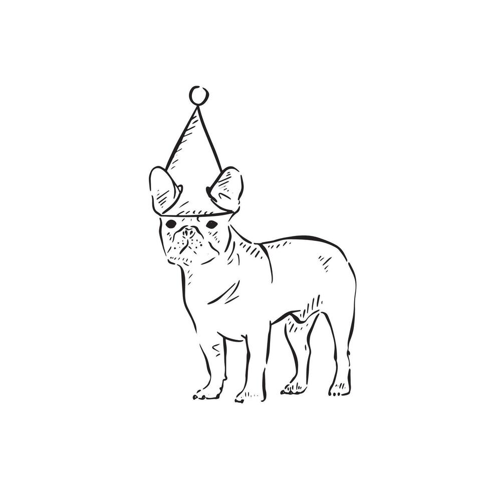 A pug drawn in black and white wearing a party hat. A cute illustration drawn by hand in a sketch style. vector