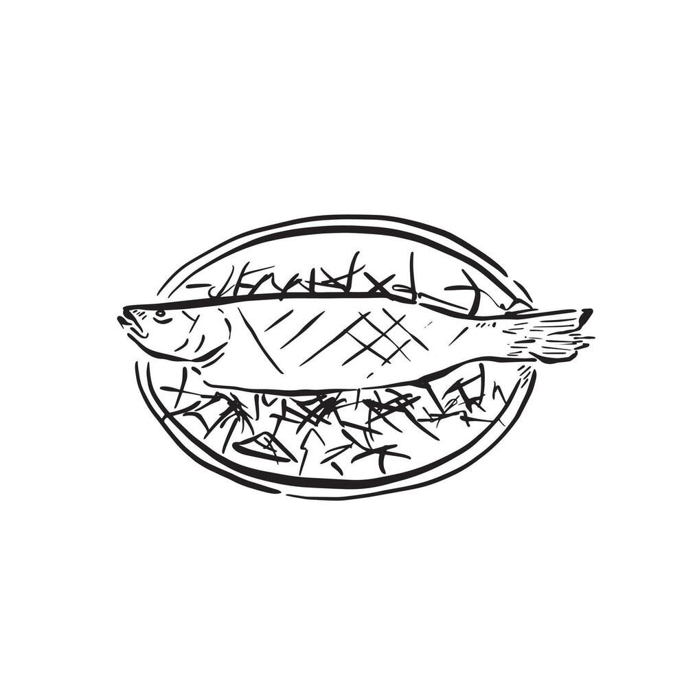 A whole fish dish on a bed of salad. Carp or trout or mullet. Black and white line drawn. Food, restaurant. vector