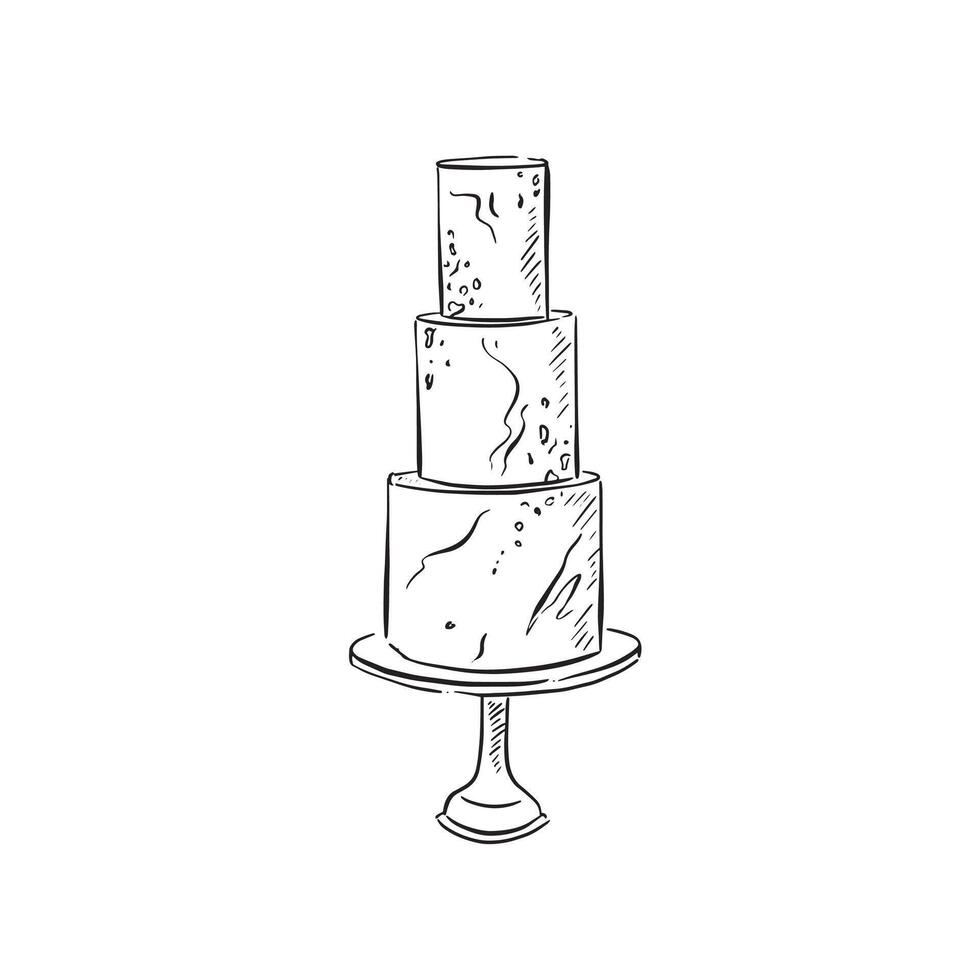 A three tier wedding cake with marble elements, baked and finished with fondant icing. Drawn by hand in black and white line. . Cook, chef, pastry chef. vector